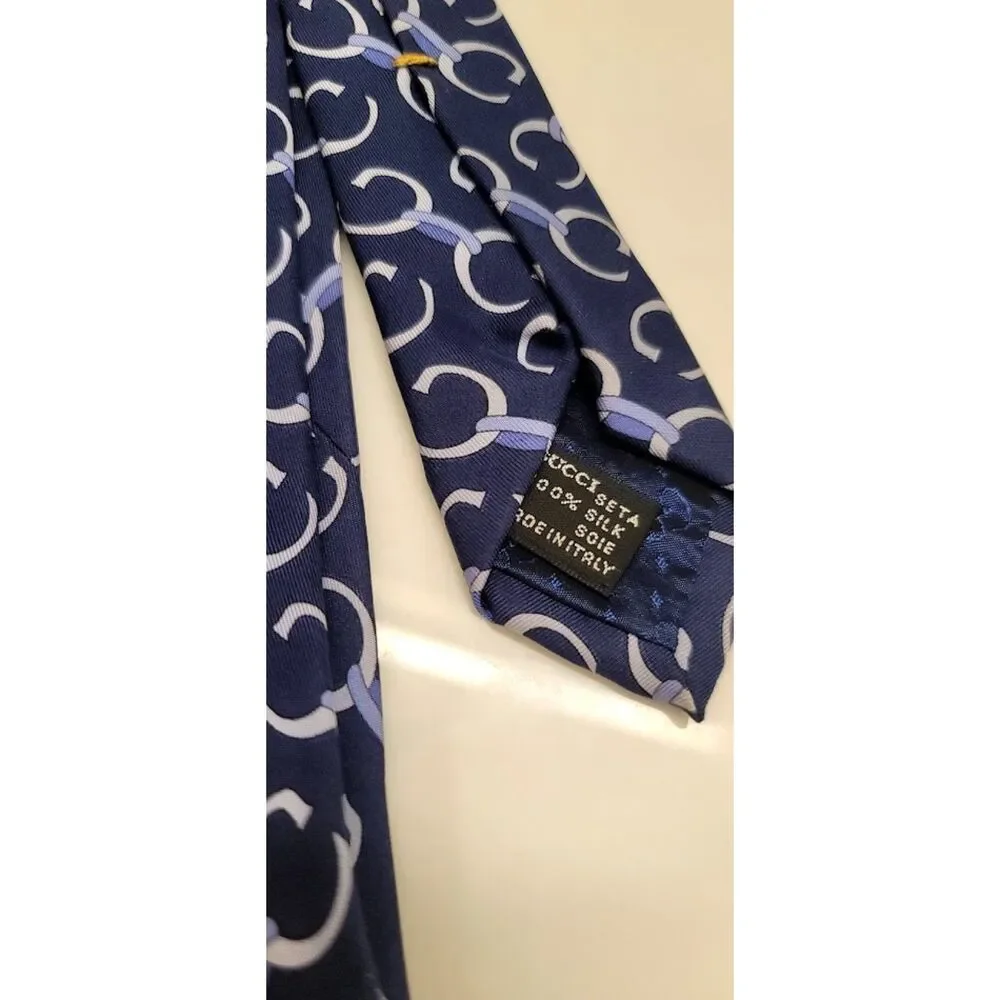 Gucci 100% Silk Luxury Tie Classic Bit Double G Blue and White Formal Wear Men's